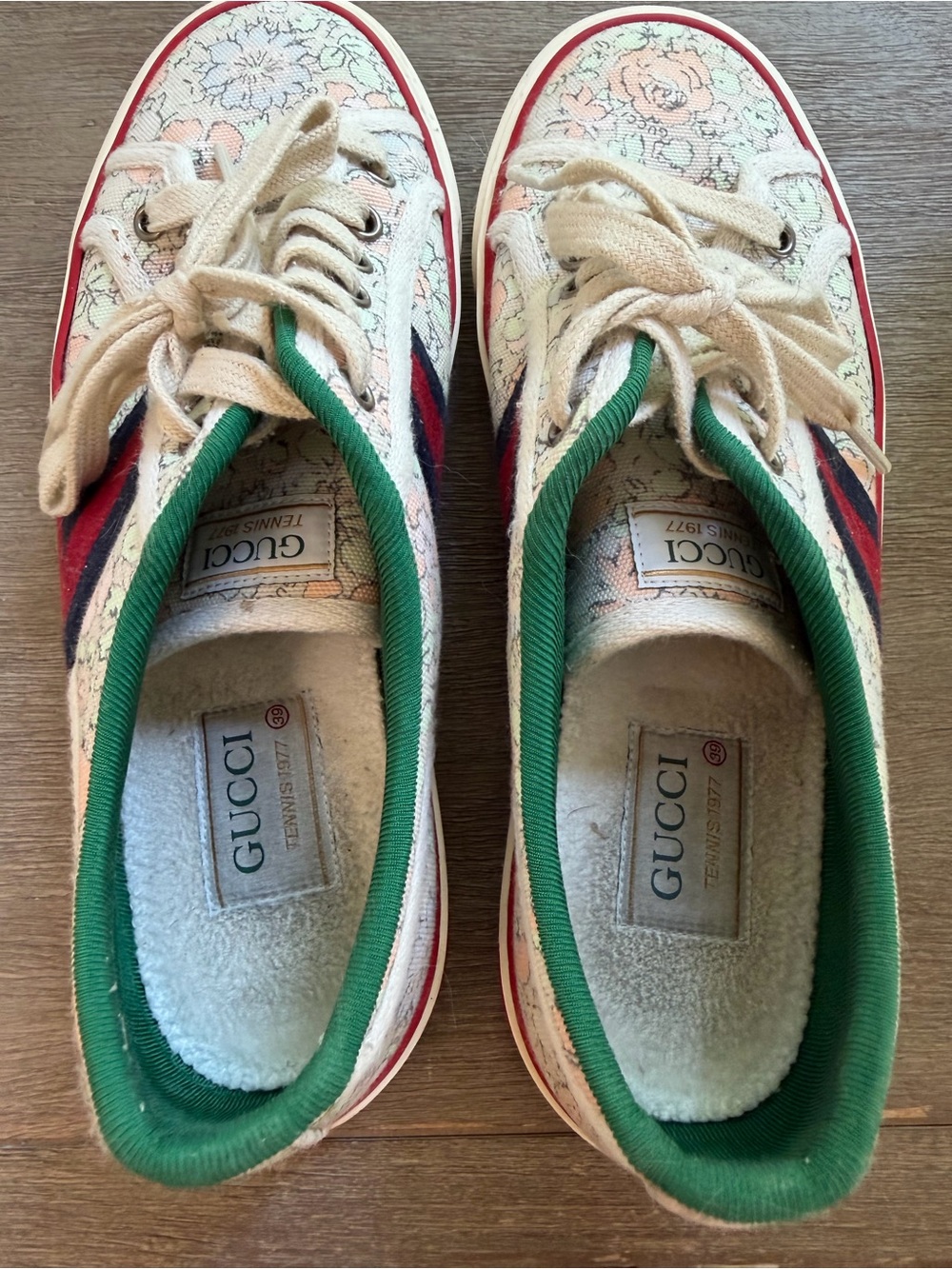 Gucci Floral Canvas Sneakers in Pink, Green and Red-Blue Stripe - Picture 2 of 8